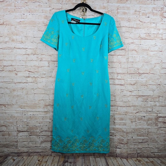 Vintage Donna Morgan Womans Dress Size 6 Teal Gold Embroidered Linen Blend Lined - Picture 1 of 16